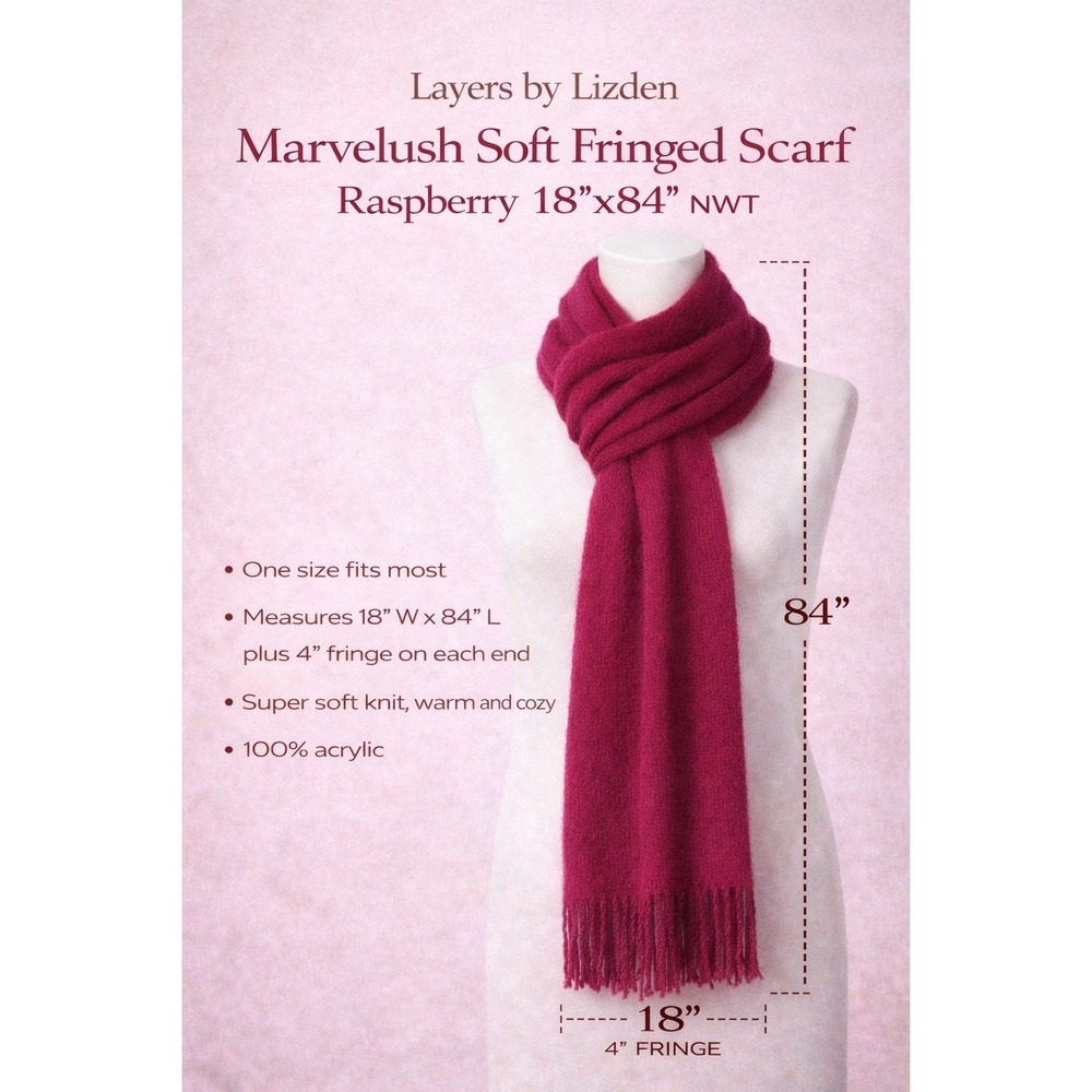 Layers by Lizden Marvelush Soft Fringed Scarf Raspberry Pink‎ 18x84 NWT